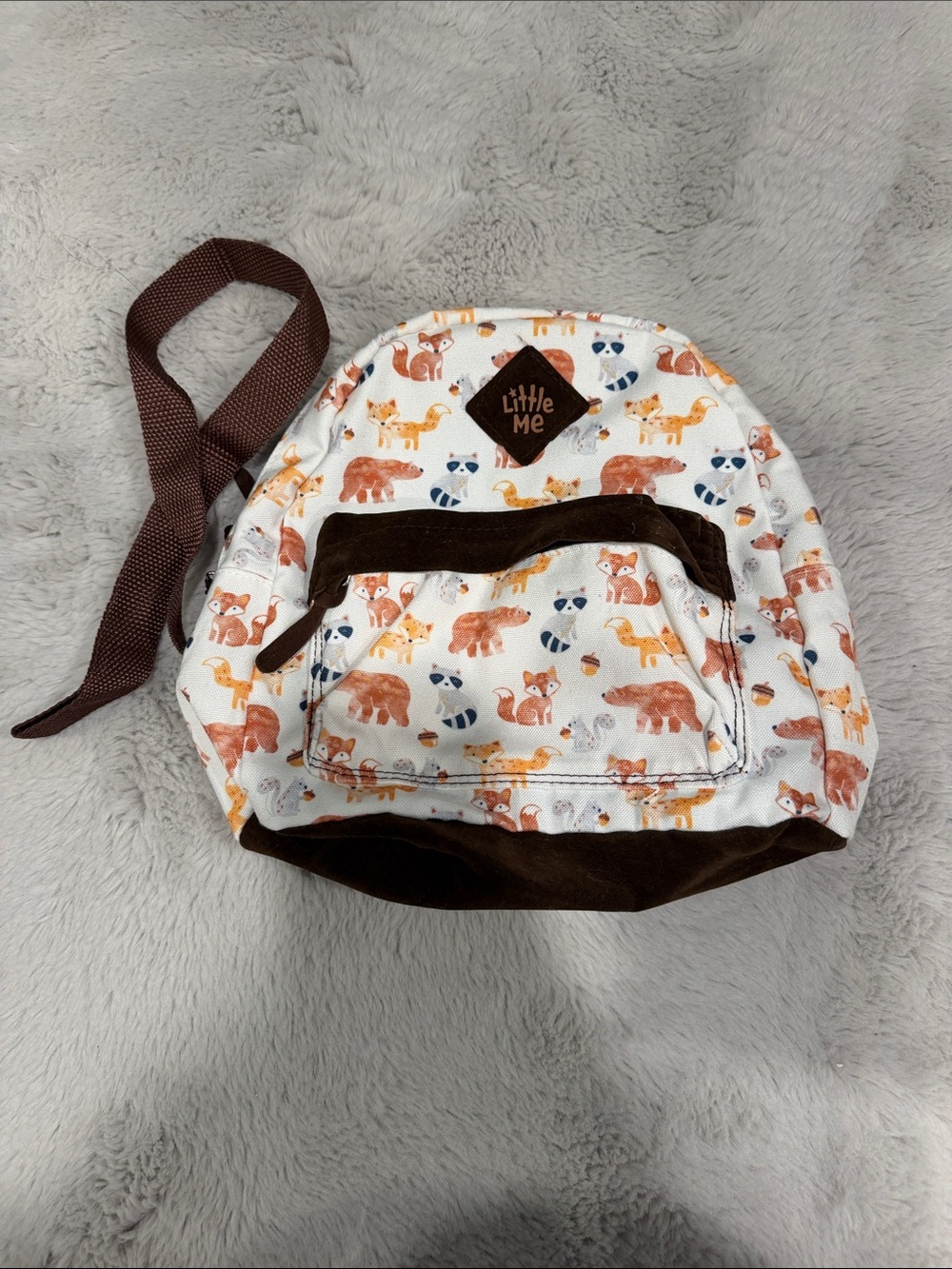 Little Me White Backpack with Brown Suede Accents and Woodland Animal Print